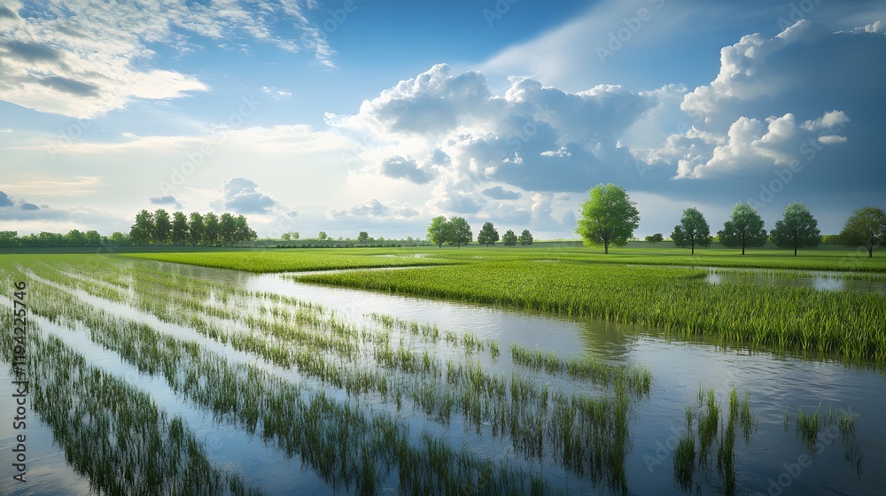 Obraz premium Serene flooded rice paddy under a vast blue sky