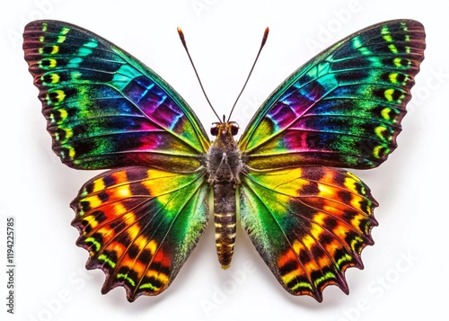 Madagascan Sunset Moth: Iridescent Wings, Long Exposure, White Background photo