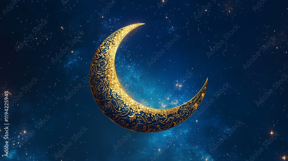 Ornate crescent moon in night sky, Islamic design, spiritual Ornate crescent moon in night sky, Islamic design, spiritual