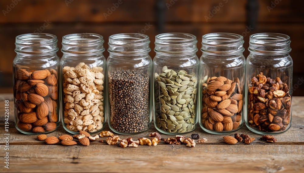 A closeup image of glass jars filled with various seeds and nuts A closeup image of glass jars filled with various seeds and nuts