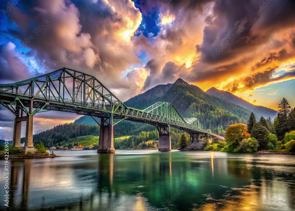 Fototapeta premium Majestic Bridge of the Gods, Cascade Locks, Oregon: Dramatic Mountain & Cloud Landscape Photography