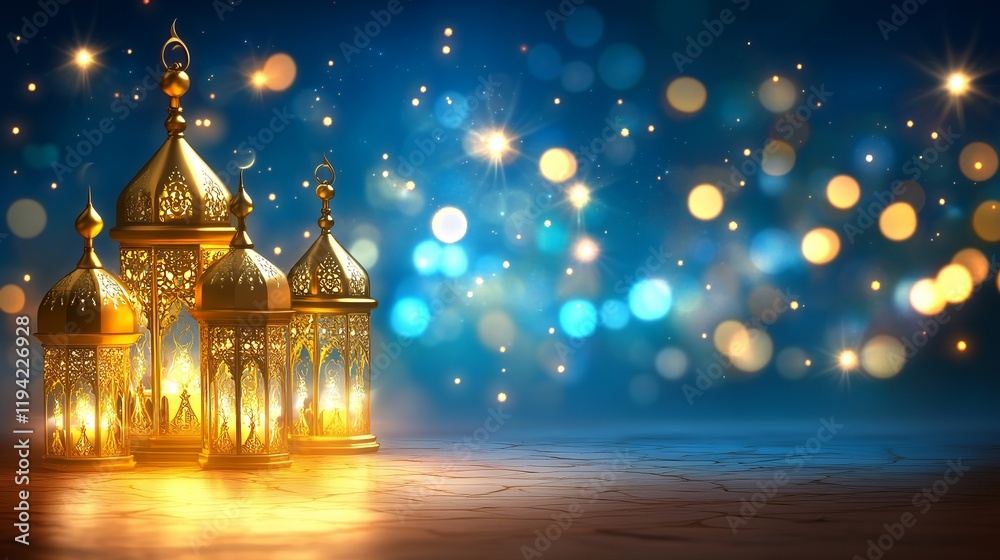 Obraz premium Ramadan lanterns glow, bokeh background, festive celebration