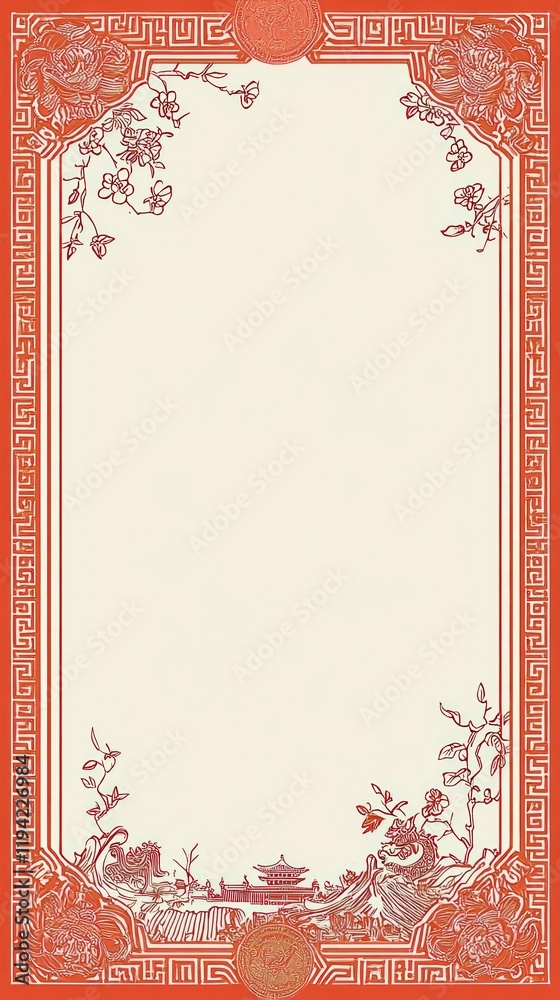 Obraz premium Charming Traditional Chinese New Year Border Design Featuring Elegant Floral Patterns and Symbolic Elements for Festive Celebrations and Greetings