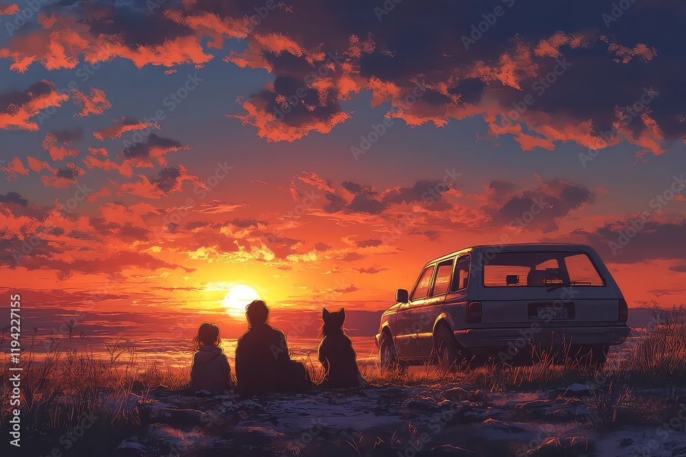 Parents and their daughter sitting near their car, with the dog beside them, watching the sunset during a scenic vacation. Parents and their daughter sitting near their car, with the dog beside them, watching the sunset during a scenic vacation.