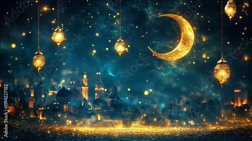 Mystical Ramadan night cityscape with glowing lanterns and crescent moon photo