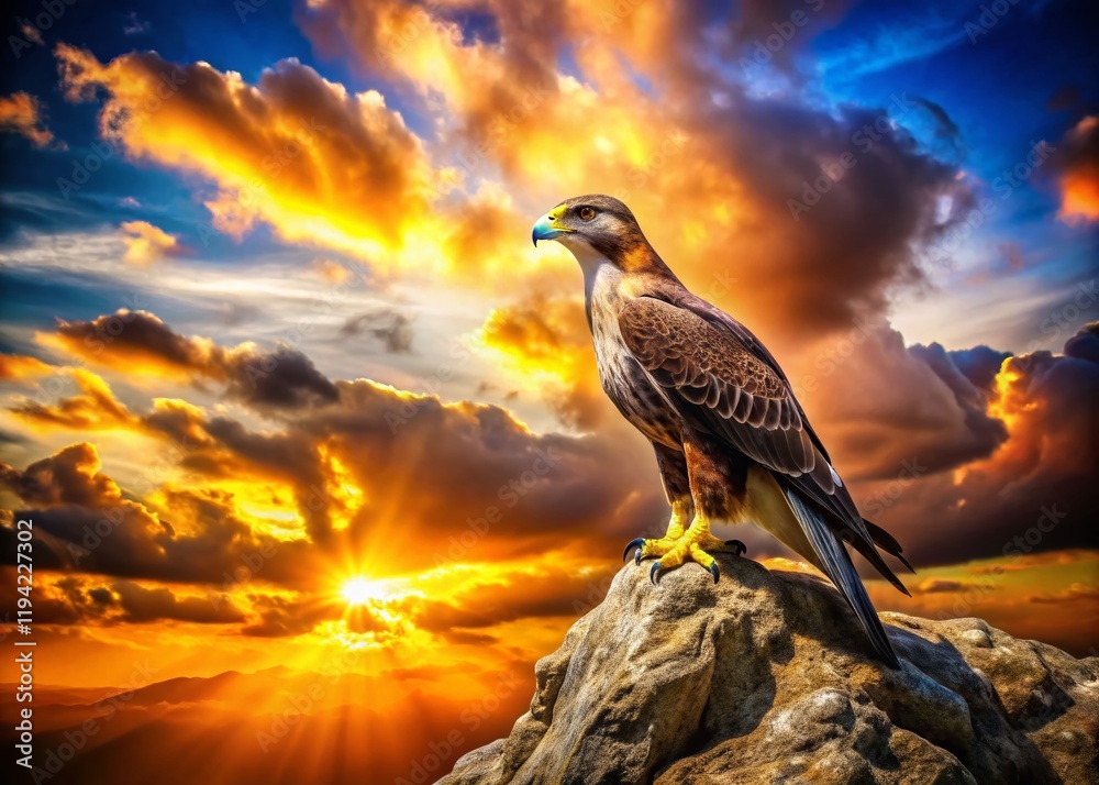 Fototapeta premium Majestic Duck Hawk Bird in Flight, Perched on a Rock, Wildlife Photography