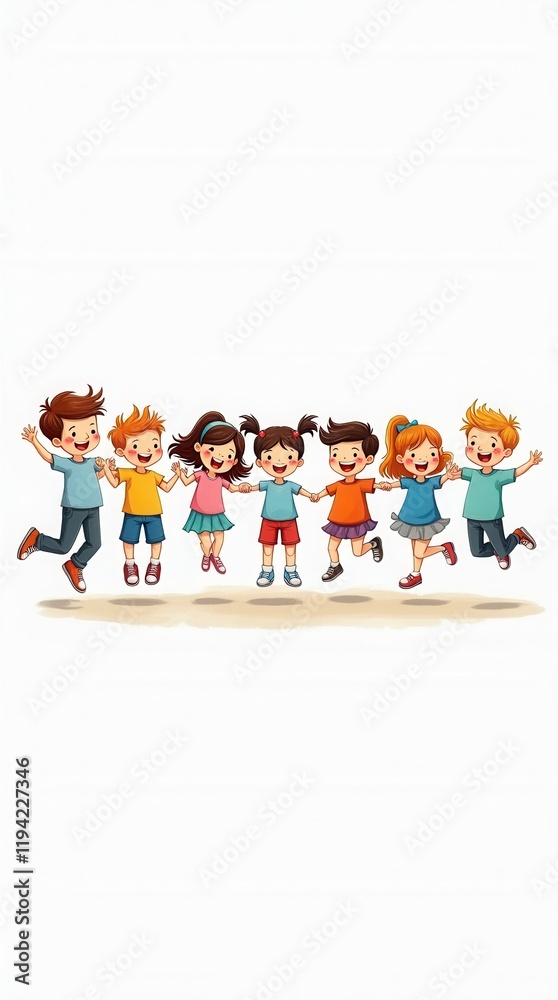 Cute Cartoon Children'S Drawing Of Many Happy Kids Holding Hands And Jumping, White Background Cute Cartoon Children'S Drawing Of Many Happy Kids Holding Hands And Jumping, White Background