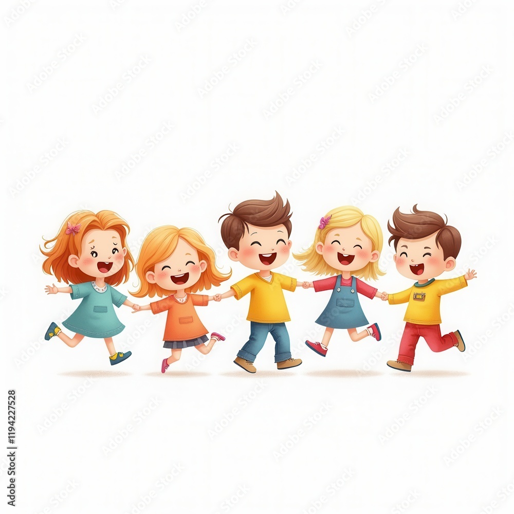 Cute Cartoon Children'S Drawing Of Many Happy Kids Holding Hands And Jumping, White Background Cute Cartoon Children'S Drawing Of Many Happy Kids Holding Hands And Jumping, White Background