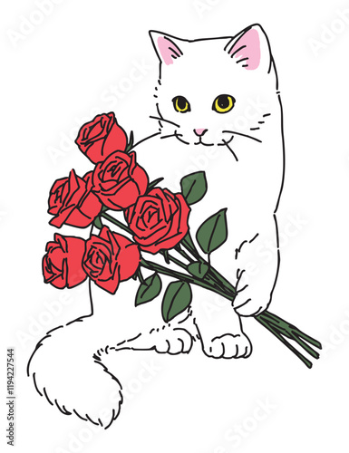 バラの花束を抱えた猫のイラスト