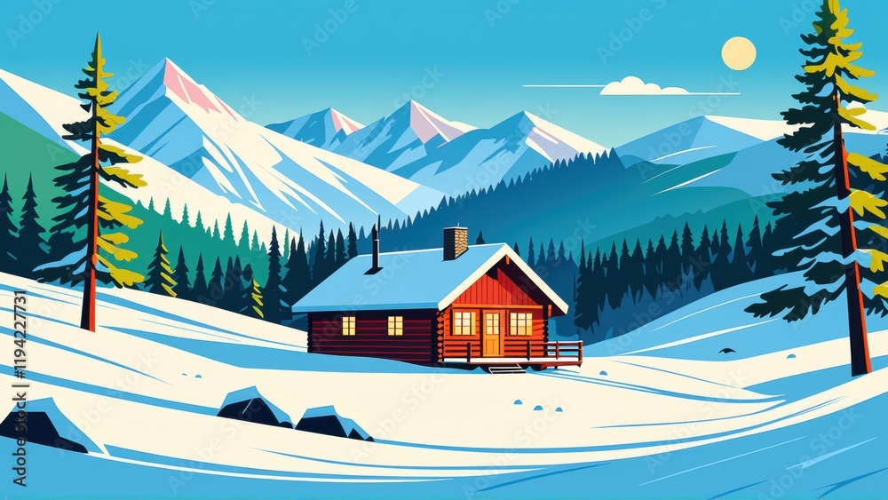 Fototapeta premium Cozy cabin in snowy mountain landscape at sunrise with pine trees and clear blue sky