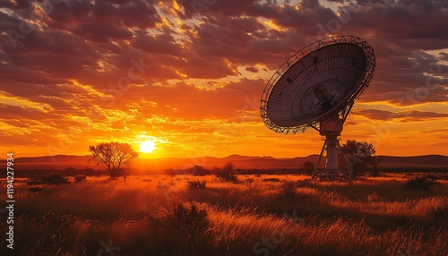 A large satellite dish set against a brilliant orange sunset photo