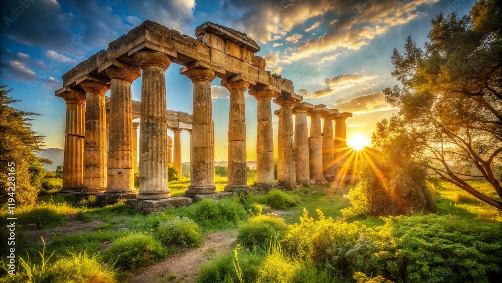 Fototapeta premium Majestic Hera Temple Ruins, Southern Italy: Ancient Greek Architecture, Sunlit Columns, Historical Site
