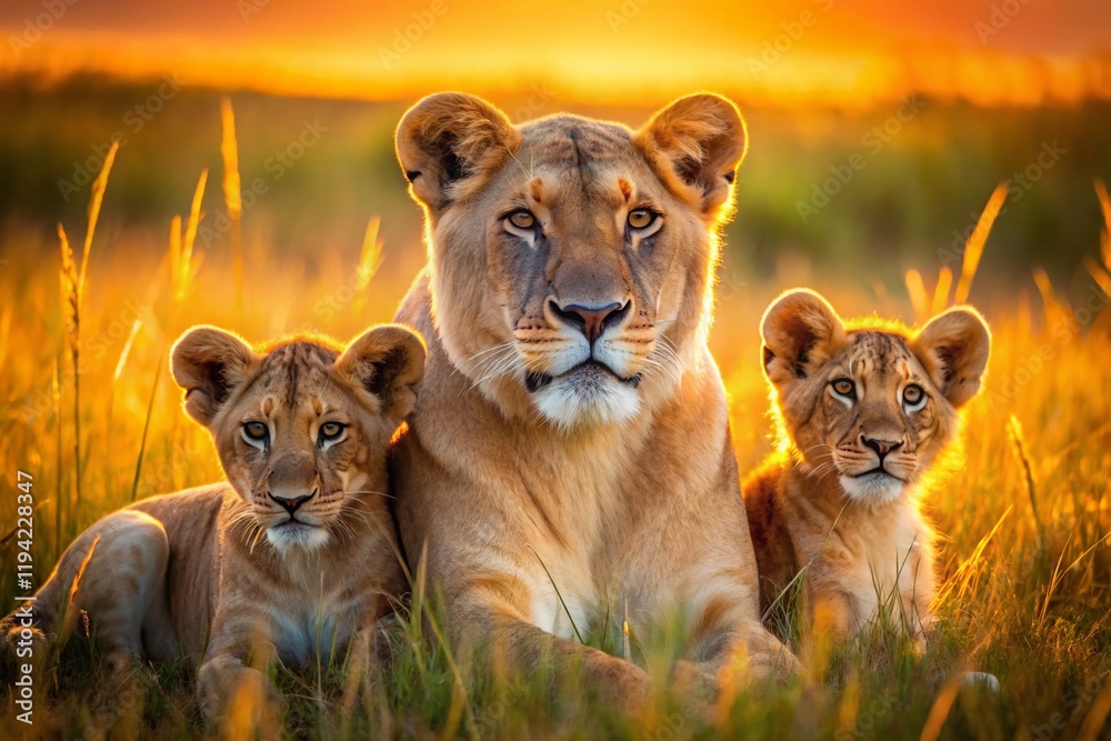 Majestic Lioness and Cubs: Serene Wildlife Scene in Golden Hour Light