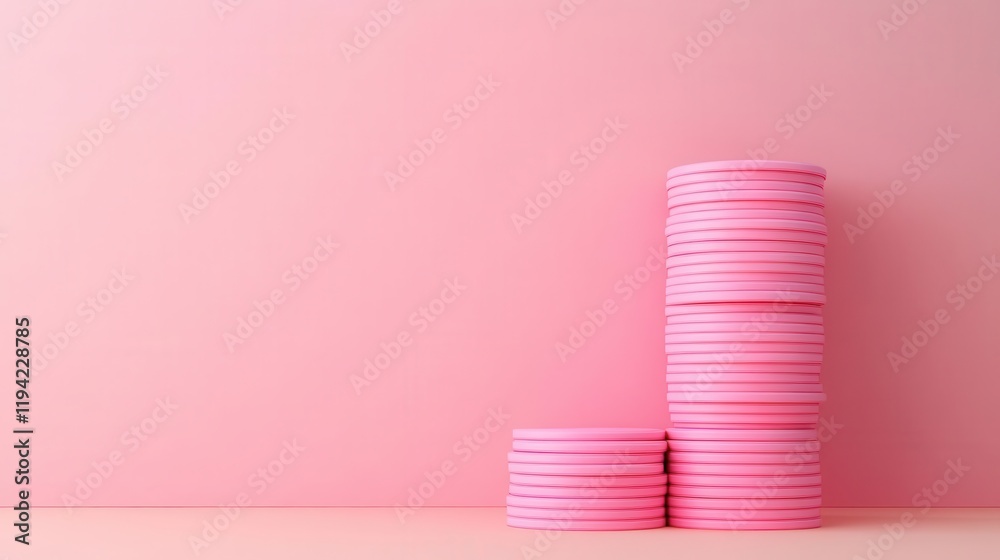 A stack of pink coins on a soft pink background, creating a vibrant and minimalist aesthetic. A stack of pink coins on a soft pink background, creating a vibrant and minimalist aesthetic.