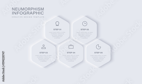 Neumorphism infographics template with 5 hexagon in white color background