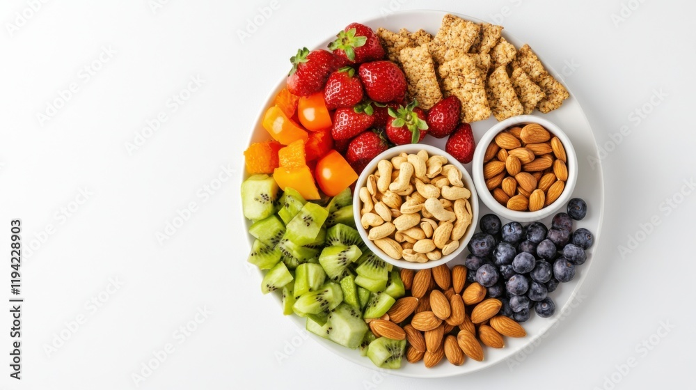 A balanced snack plate, with a variety of nuts, fruits