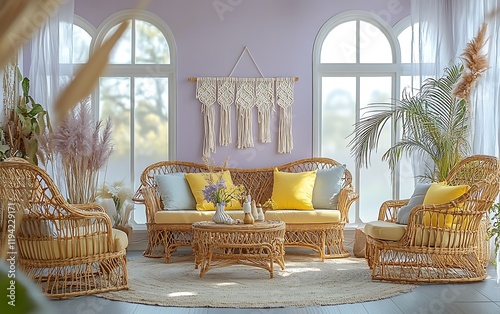 Rattan furniture in sunlit room, spring decor photo