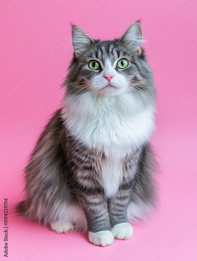 Beautiful fluffy grey and white cat with green eyes sitting on pink background, full body portrait, looking at camera. Beautiful fluffy grey and white cat with green eyes sitting on pink background, full body portrait, looking at camera.