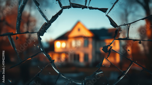View of a house through a broken window pane at sunset