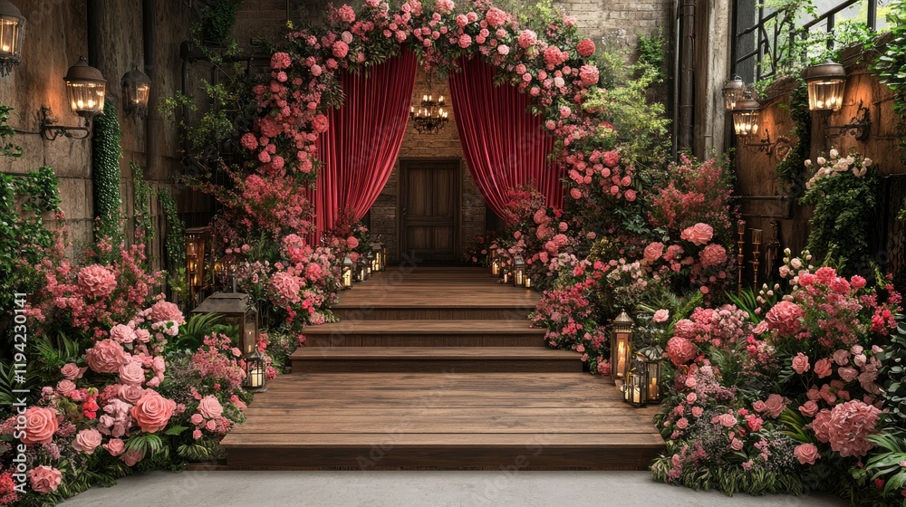 Fototapeta premium Romantic Wedding Floral Arch Entrance: Pink Roses, Red Curtains, Rustic Garden Setting