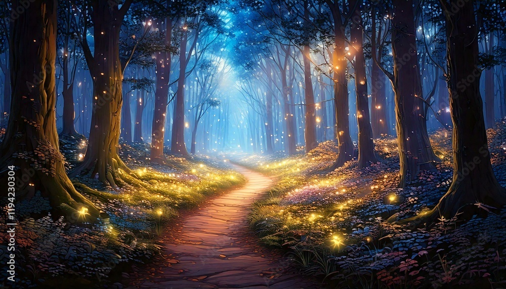 Fototapeta premium forest with softly shimmering fireflies and glowing paths.