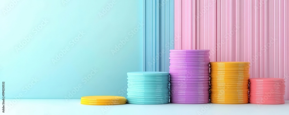 A colorful arrangement of stacked coins against a pastel background, creating a vibrant and modern aesthetic. A colorful arrangement of stacked coins against a pastel background, creating a vibrant and modern aesthetic.