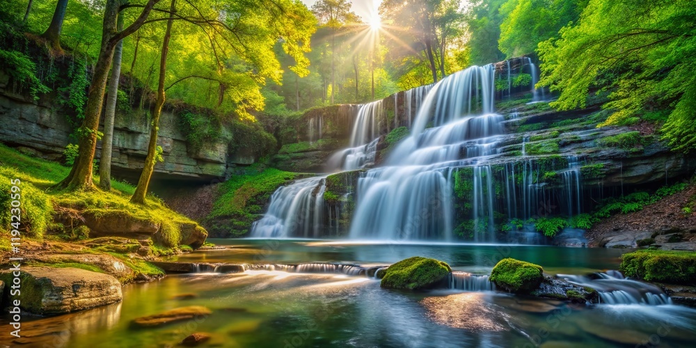Majestic Vickery Creek Waterfall Cascade, Lush Green Forest, Sunlight Dappled Rocks Majestic Vickery Creek Waterfall Cascade, Lush Green Forest, Sunlight Dappled Rocks