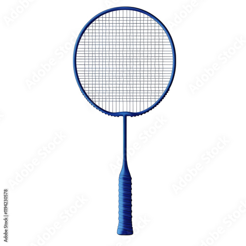 Badminton racket with blue handle, isolated on a white background.
