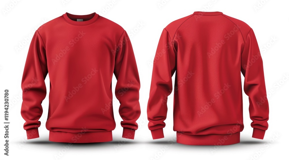 Fototapeta premium Set of Red Sweatshirts, Front and Back View of Red Sweatshirt Isolated on White Background, Casual Cotton Pullover Sweatshirt Mockup, Editable Graphic Design Template