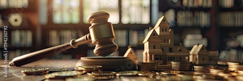 gavel coins and abstract houses on table with a wooden hammer