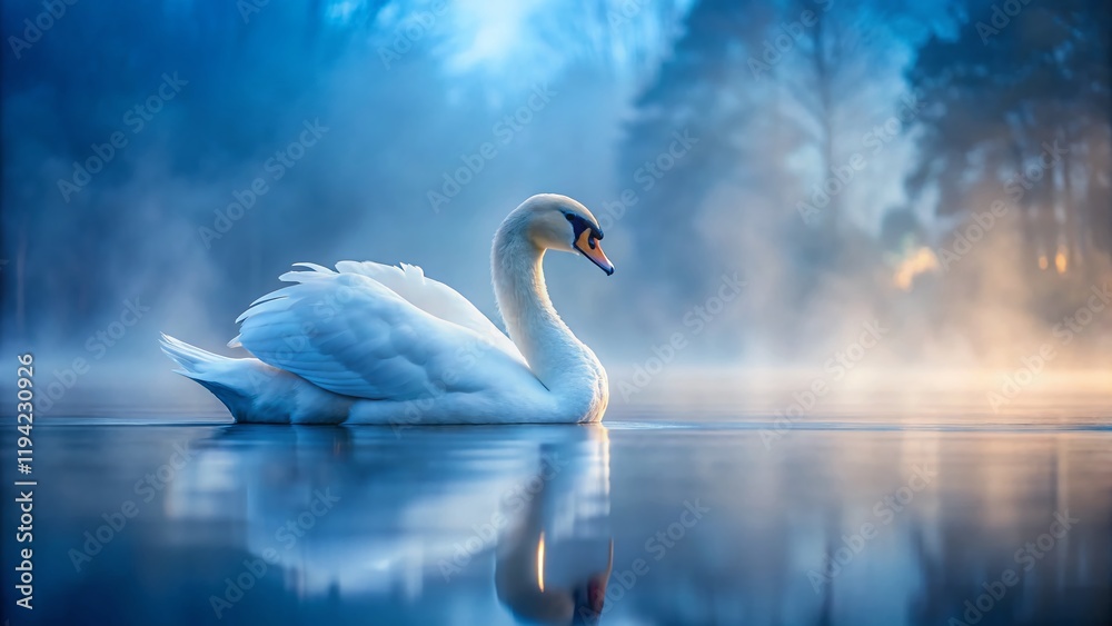 Obraz premium Majestic White Swan Profile on Misty Blue Lake - Low Light Photography