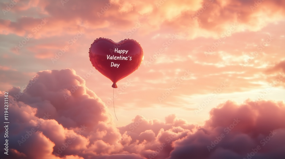 Obraz premium Romantic balloon flying in the summer sky with clouds and vibrant colors.