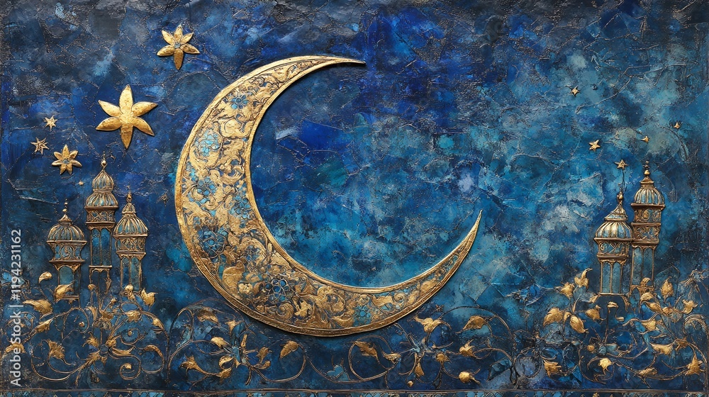 Ornate moon, stars, mosque, night, blue, texture, design, artwork, Ramadan, greeting Ornate moon, stars, mosque, night, blue, texture, design, artwork, Ramadan, greeting