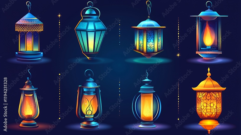 Glowing Ramadan lanterns collection, night, festive background, design Glowing Ramadan lanterns collection, night, festive background, design