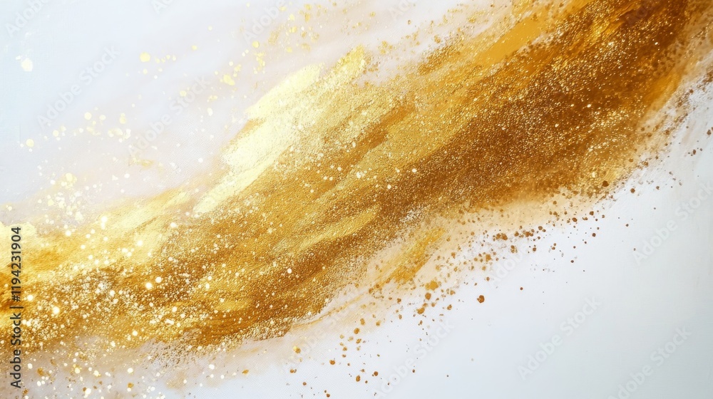 Golden glitter brushstroke painting creating a glowing effect on a white background. Golden glitter brushstroke painting creating a glowing effect on a white background.