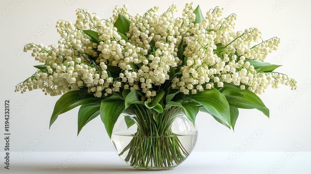 Lush bouquet of lily of the valley in a glass vase on a white surface. Lush bouquet of lily of the valley in a glass vase on a white surface.