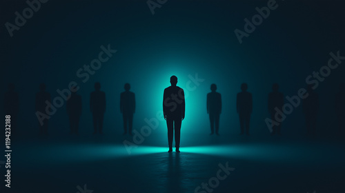 Solitary figure illuminated in a sea of shadows