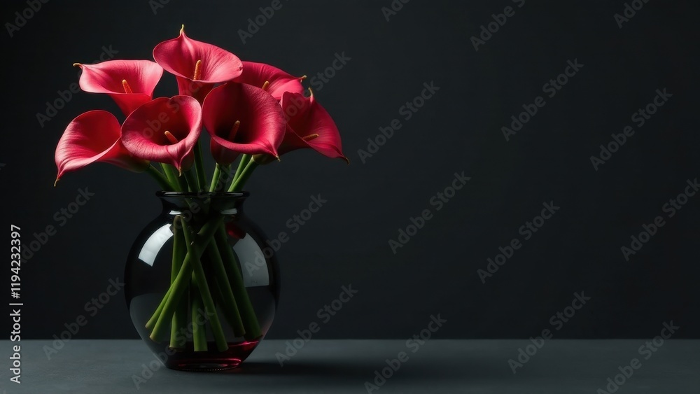 A dark glass vase holds a vibrant bouquet of crimson calla lilies, elegantly arranged against a stark black background, creating a sophisticated and minimalist floral display. A dark glass vase holds a vibrant bouquet of crimson calla lilies, elegantly arranged against a stark black background, creating a sophisticated and minimalist floral display.