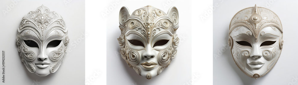 Naklejka premium Elegant, ornate Venetian-style masks, possibly from Hong Kong, shown in an aerial view. The craftsmanship is exquisite; each mask features intricate detailing.