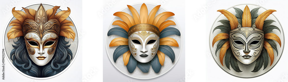 Naklejka premium Three ornate Venetian masks, viewed from an aerial perspective, feature gold and grey hues with elaborate feather headdresses. A Hong Kong inspired art style.