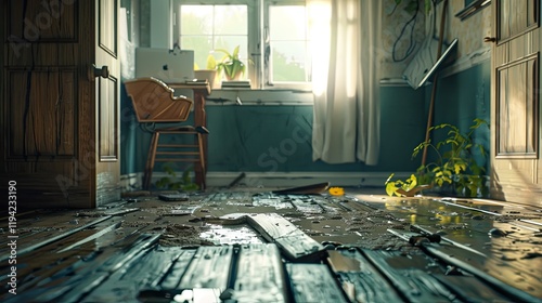 a home interior with broken wooden floorboards