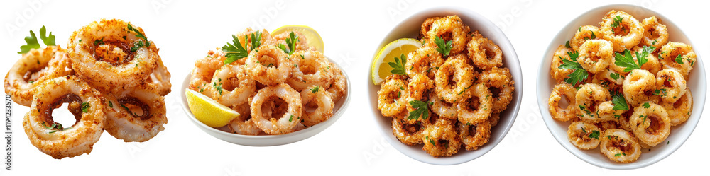 Flat style illustration of fried calamari with crispy texture, isolated on a white background. collection set png. Flat style illustration of fried calamari with crispy texture, isolated on a white background. collection set png.