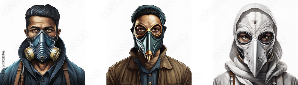 An aerial view showcases three individuals in Hong Kong, each wearing a unique, stylized respirator mask. Their attire suggests a blend of urban and protective elements. An aerial view showcases three individuals in Hong Kong, each wearing a unique, stylized respirator mask. Their attire suggests a blend of urban and protective elements.