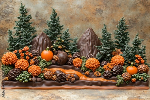 A miniature chocolate forest, meticulously crafted to depict an autumnal landscape with chocolate mountains, a chocolate river, and edible details. photo