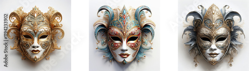 Three ornate Venetian masks, an aerial view showcasing intricate details and vibrant colors.  Gold, blue, and grey hues adorn these beautiful pieces.