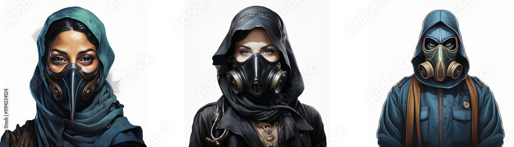 An aerial view of three figures in Hong Kong, each wearing a hooded garment and a respirator mask. The image evokes a sense of mystery and perhaps a dystopian setting. An aerial view of three figures in Hong Kong, each wearing a hooded garment and a respirator mask. The image evokes a sense of mystery and perhaps a dystopian setting.