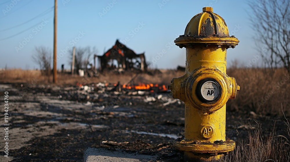 Fototapeta premium Rural fire aftermath, hydrant stands sentinel, charred house in background. Possible use disaster, tragedy, rebuilding