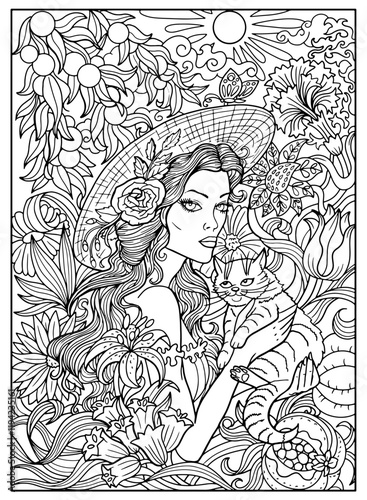 Hand drawn coloring page with beautiful girl wearing hat and holding cat against background of blooming garden with plants, flowers and fruit. Vector black and white line art illustration