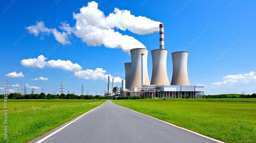 Industrial power plant with cooling towers and smokestacks under a clear blue sky Industrial power plant with cooling towers and smokestacks under a clear blue sky
