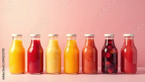 Wallpaper Mural A Row of Colorful Refreshing Fruit Juices in Glass Bottles on Pink Background Torontodigital.ca